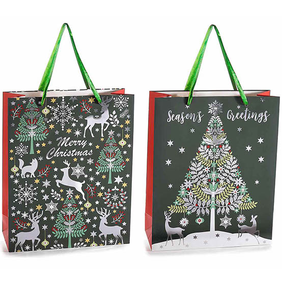 20Pz. Sacchetto regalo in carta colorata con stampa natalizia e decorazioni metallizzate e manici in raso verde cm. 26x12x32H
